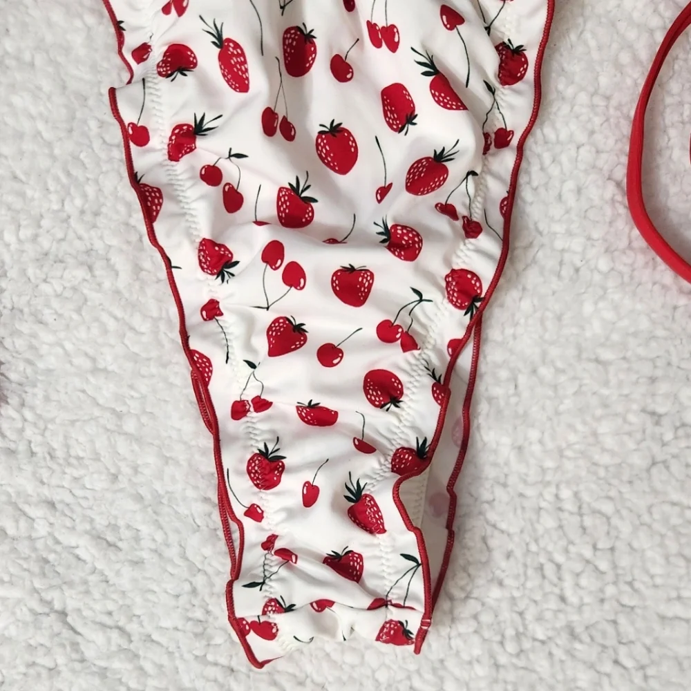 New! Frankie Bikini Summer Berries  Strawberry Print Bikini Bottom with Red Ties
